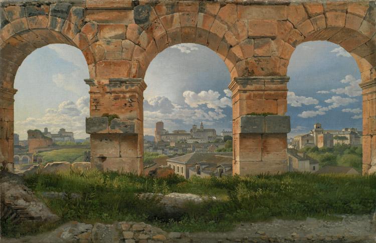 Christoffer Wilhelm Eckersberg View through three northwest arches of the Colosseum in Rome.Storm gathering over the city (mk09) oil painting picture
